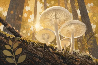 Sunlit White Mushrooms on Mossy Log