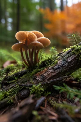 Wild Mushrooms on Mossy Forest Log