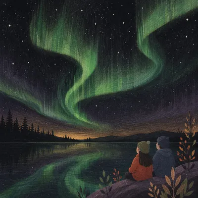 Green Aurora Over Quiet Northern Lake