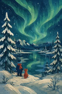 Green Aurora Over Frozen Alpine Lake