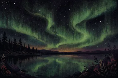 Green Aurora Over Silent Northern Lake