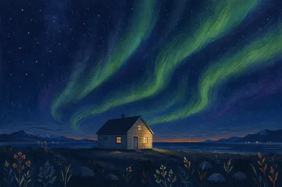 Green Aurora Over Remote Arctic Cabin