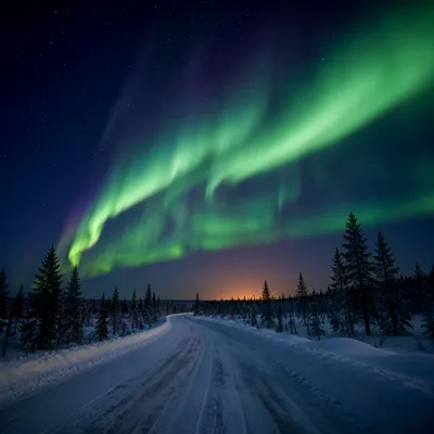 Green Aurora Over Snowy Country Road
