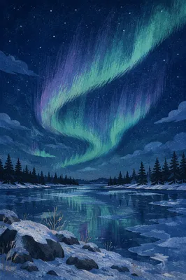 Northern Lights Over Frozen Winter Lake