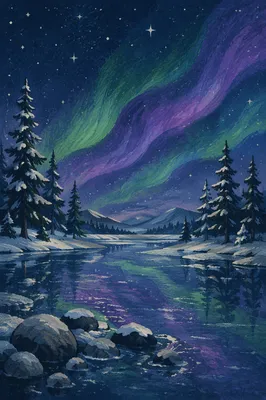 Aurora Borealis Over Frozen Winter Lake