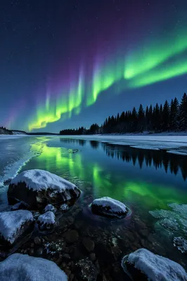 Northern Lights Over Frozen Lake Night