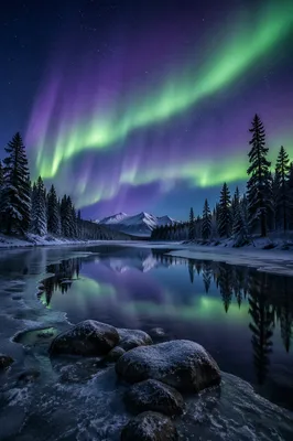 Aurora Borealis Over Frozen Winter Lake