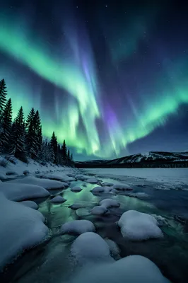Aurora Borealis Over Frozen Winter Lake