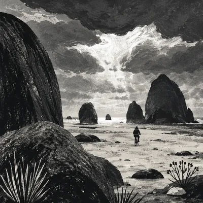 Monochrome Sunset Coast With Rock Silhouettes