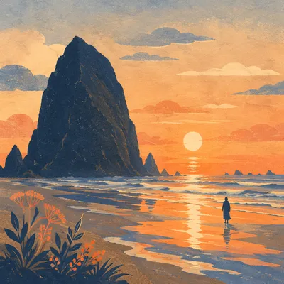 Sunset Sea Stack Silhouette at Low Tide
