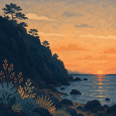 Ocean Sunset Cliff Silhouette with Rock Formations