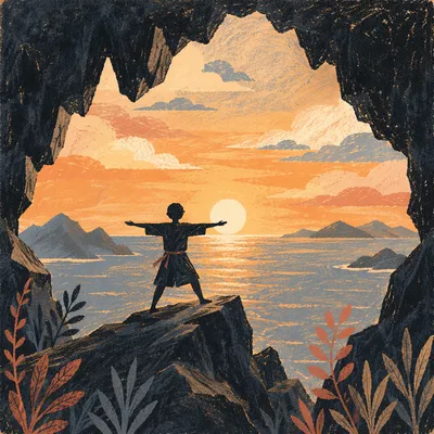 Silhouette in Sea Cave at Golden Sunset
