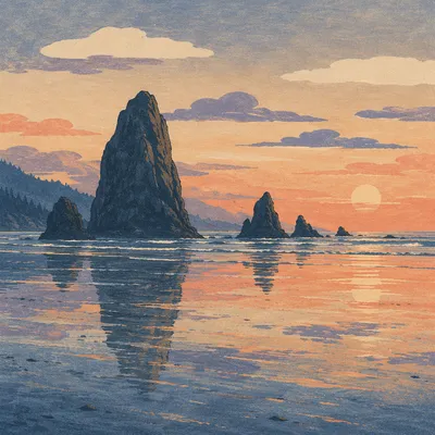 Serene Ocean Sunset Rock Silhouettes
