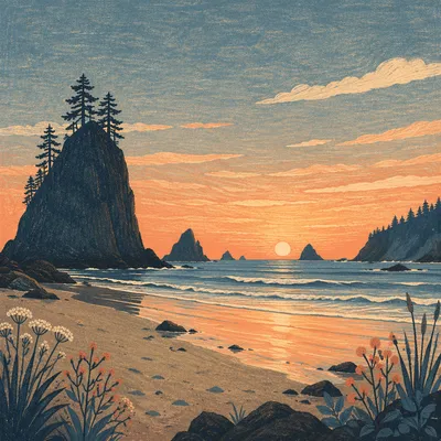 Ocean Sunset Silhouette With Coastal Rock Formations