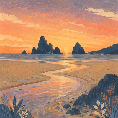 Sunset Beach Rock Silhouettes and Reflections