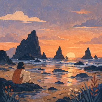 Ocean Sunset Silhouette Over Rugged Rocks