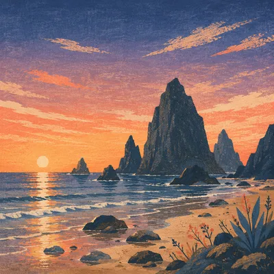 Ocean Sunset Rock Silhouette Landscape