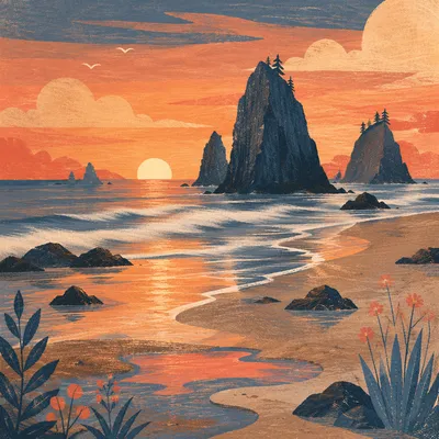 Ocean Sunset Silhouette with Sea Stacks