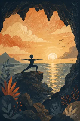 Ocean Sunset Cave Silhouette with Meditative Figure