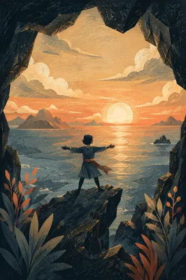 Ocean Sunset Cave Silhouette with Rock Formations