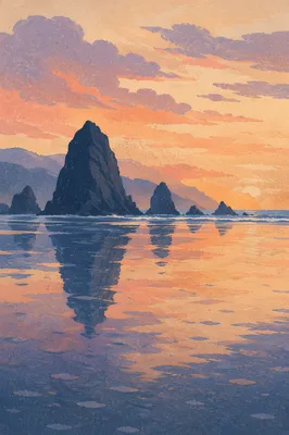 Serene Ocean Sunset With Sea Stack Silhouettes