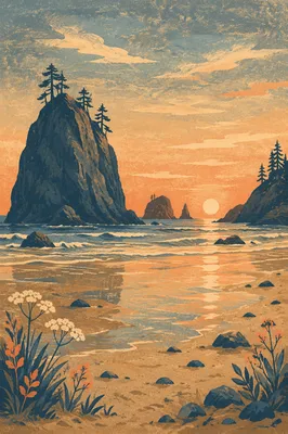 Ocean Sunset Rock Silhouettes on Quiet Beach