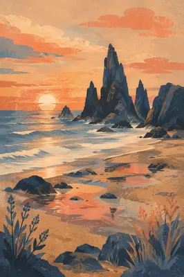 Ocean Sunset Silhouette of Sea Stacks