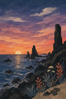 Twilight Ocean Sunset with Rock Silhouettes