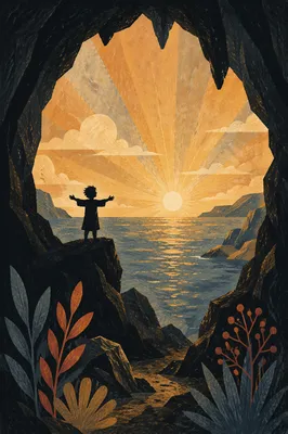 Ocean Sunset Through Sea Cave Silhouette