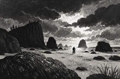 Monochrome Coastal Rocks at Stormy Sunset