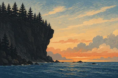 Ocean Sunset Silhouette with Limestone Cliffs