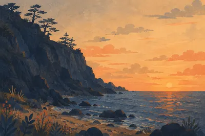 Ocean Sunset Silhouette with Rugged Rock Formations