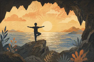 Ocean Sunset Cave Yoga Silhouette