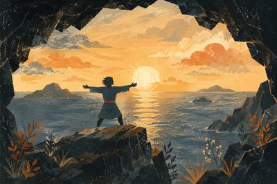 Silhouetted Explorer in Ocean Cave Sunset