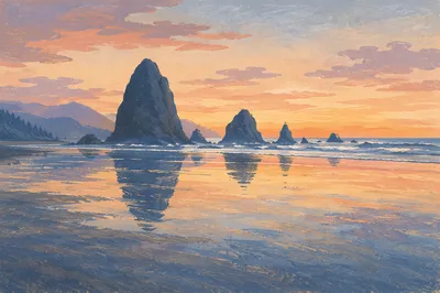 Serene Ocean Sunset Sea Stack Silhouettes