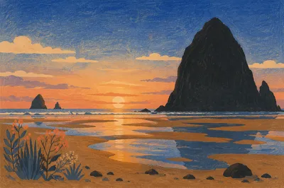 Serene Ocean Sunset with Rock Silhouettes