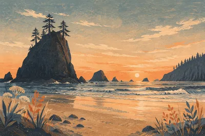 Ocean Sunset Rock Silhouettes on Quiet Beach