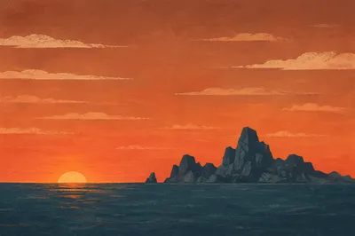 Ocean Sunset With Rock Formation Silhouette