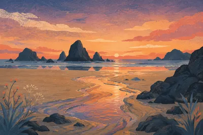 Ocean Sunset Rock Silhouettes on Quiet Shore
