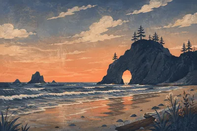 Ocean Sunset Silhouette with Coastal Rock Arch