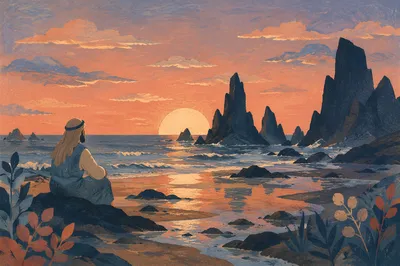 Ocean Sunset Silhouette Over Coastal Rocks