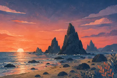 Ocean Sunset Silhouette Rock Formations