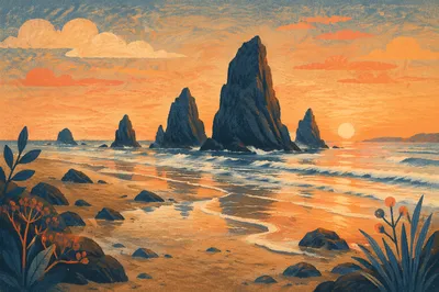 Ocean Sunset Rock Formations Silhouette Scene