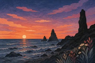 Twilight Ocean Sunset with Rock Silhouettes