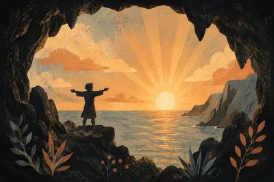 Ocean Sunset Silhouette Through Sea Cave