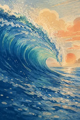 Curling Blue Ocean Wave at Sunrise