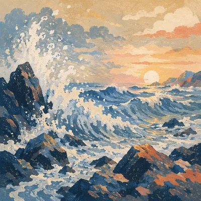 Dawn Ocean Waves on Rocky Shore