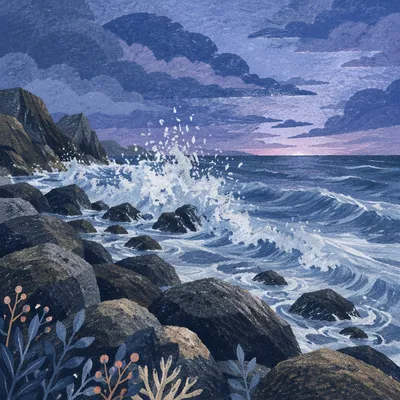 Ocean Waves at Rocky Shore Twilight