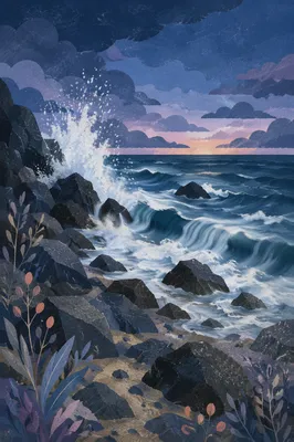 Blue Hour Waves on Rocky Coast