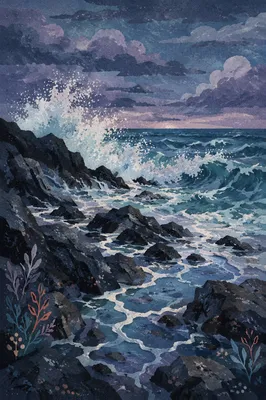 Ocean Waves Crashing on Rocky Shore